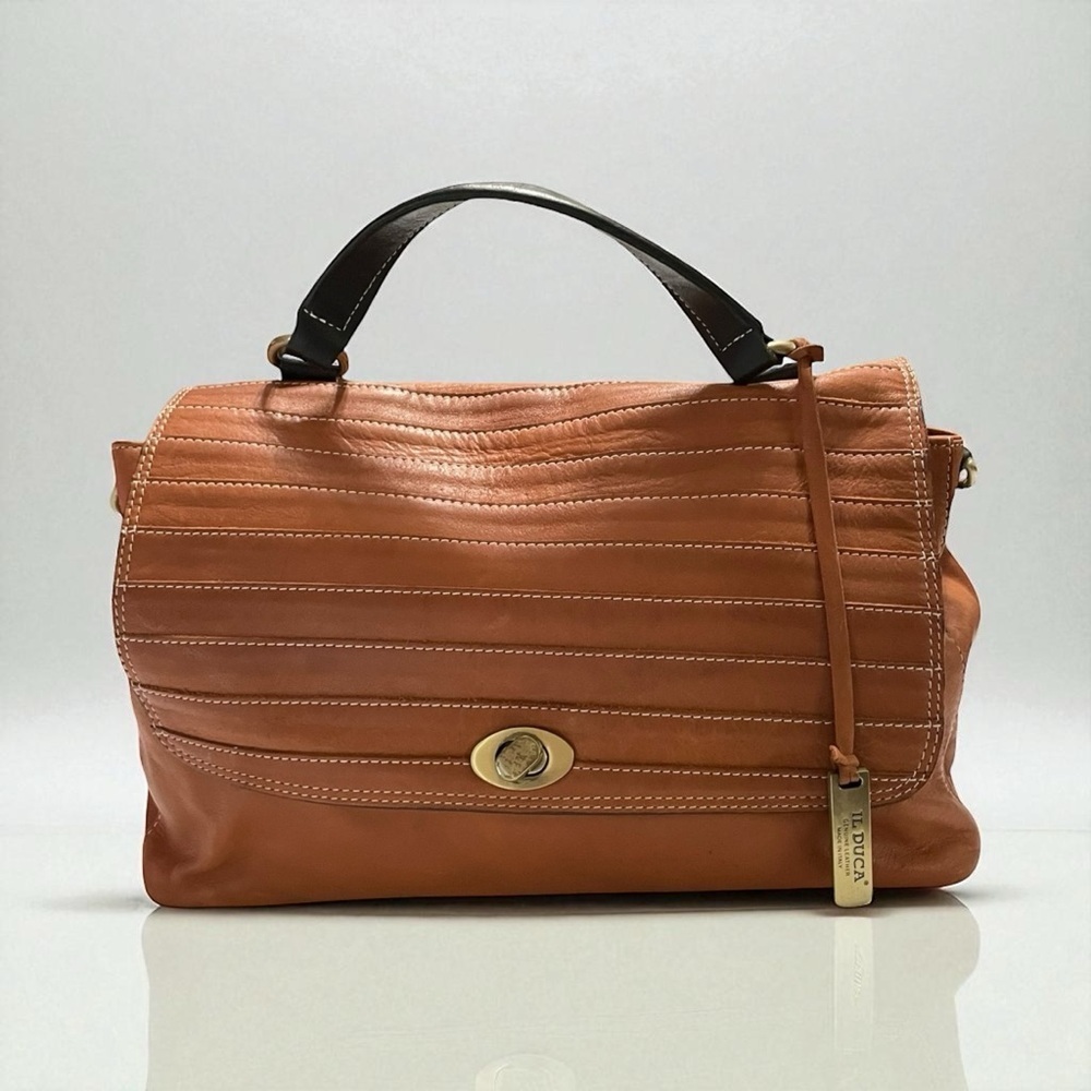 IL Duca Genuine Leather Handbag Made in Italy – Tan Brown with Black Handle